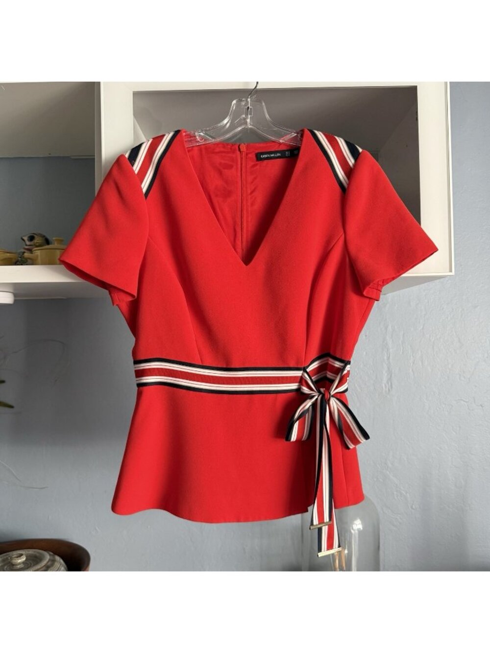 Karen Millen Limited Edition Peplum Blouse Top Waist Tie Striped Trim